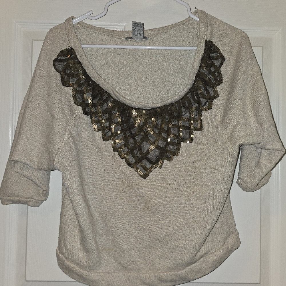 Cream Sweater with Black and Gold Sequin Design